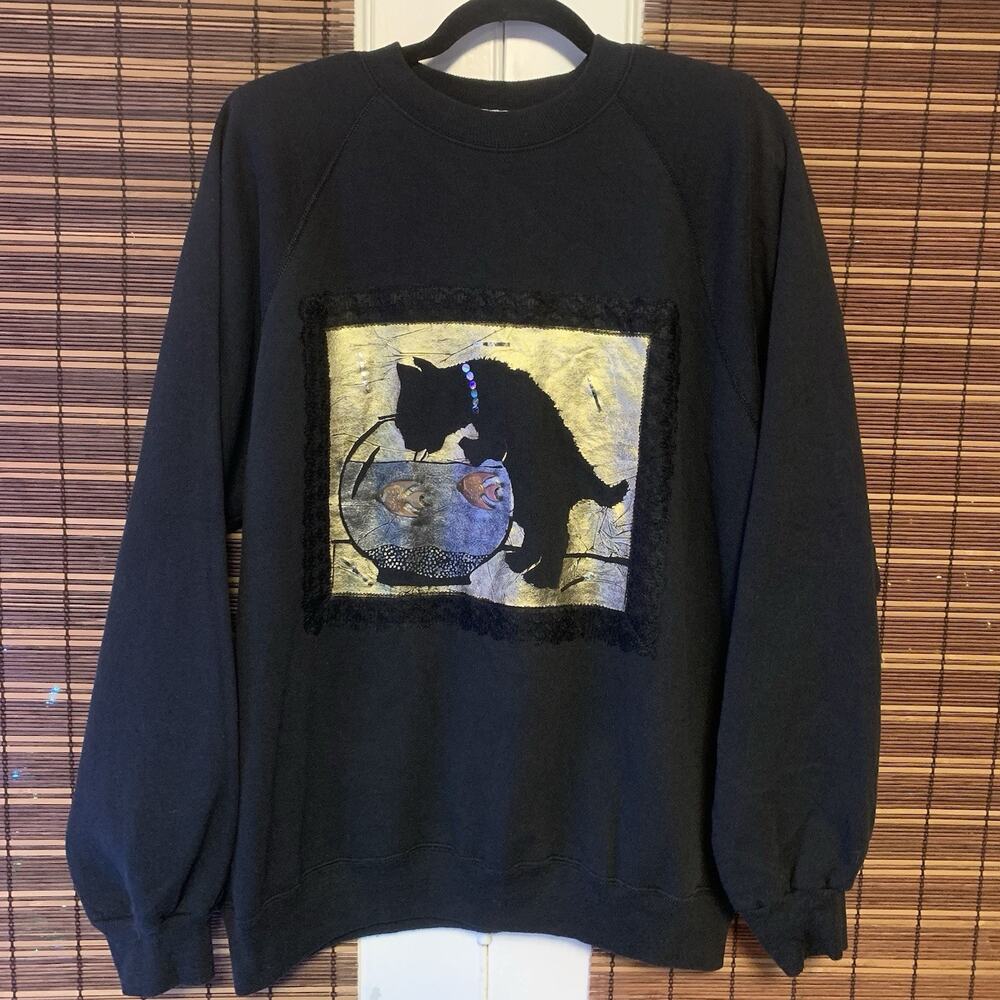 Vintage 1980s Scribbles Cat Fishbowl Sweatshirt Made USA Novelty Graphic